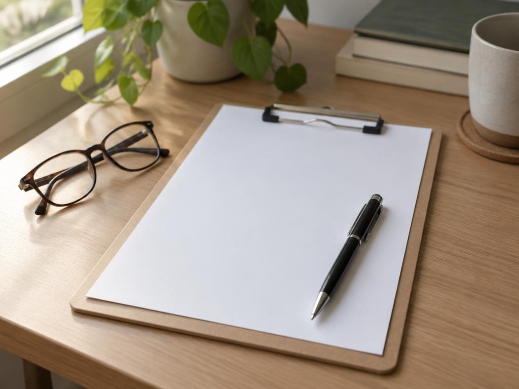 A blank form on a clipboard with a pen